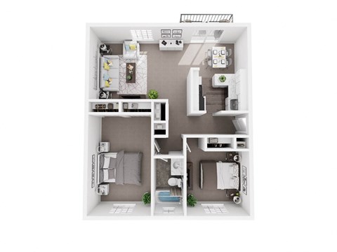 A 3D floor plan of a small apartment with a kitchen, living room, and bedroom.